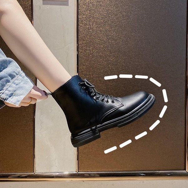 

boots shoes women's autumn lace up boots-women round toe rubber ankle 2021 low rock lace-up basic rome pu square heel solid, Black