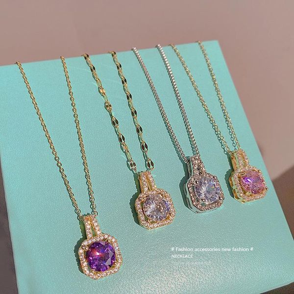 

chains korean fashion square zircon gold necklace for women stainless steel pendant clavicle chain luxury elegant wedding jewelry, Silver