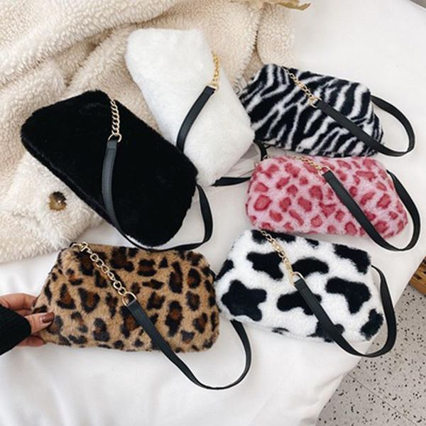 

evening bags 2021 ins fashion women cow print mini shoulder female winter plush underarm leopard zebra pattern fluffy tote