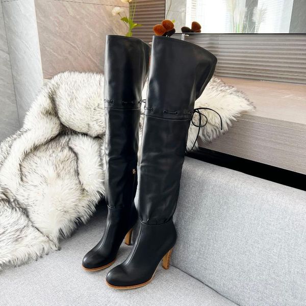 

boots classic over-the-knee for women genuine leather high heels drawstring decor shoes round toe zip fall, Black