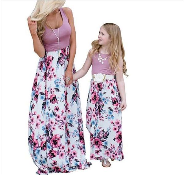 

family matching outfits 2021 spring and summer long skirt polyester material women's clothing mother daugter parent-child dress with si, Blue