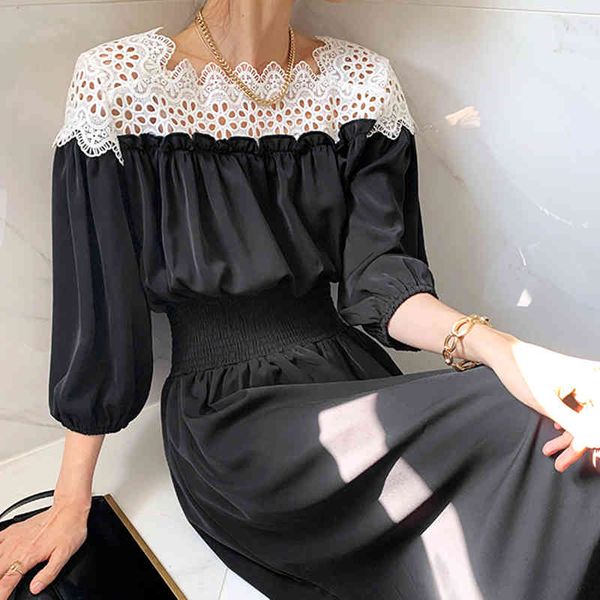 

summer black elegant temperament hollow lace design sense of neckline stitching folds waist puff sleeve dress women 16f0996 210510, Black;gray
