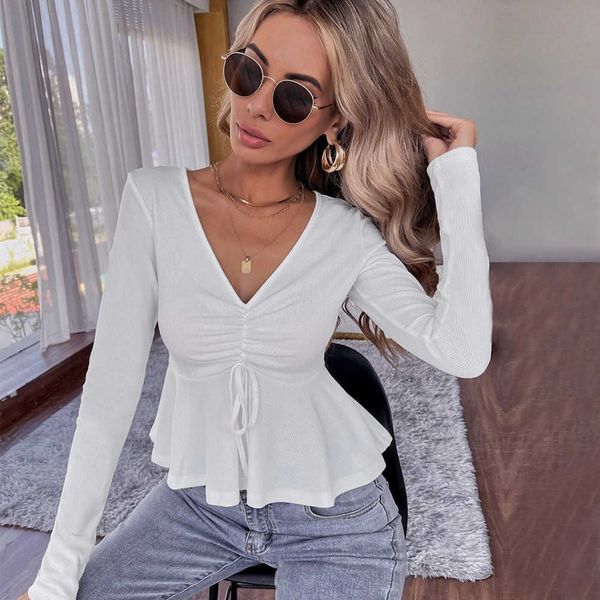 

2021 autumn winter v-neck pleated ruffle waist closed knit long sleeve t-shirt women's shirt top, White
