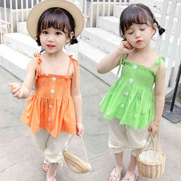 

children clothes ruffles vest + short costume for girls summer girl set casual style kids clothing 210412, White