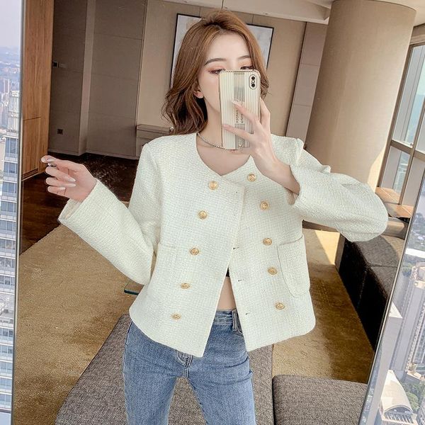 

women's jackets est 2021 designer outwear o-neck double breasted gold buttons solid color short tweed jacket, Black;brown