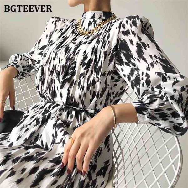 

bgteever 2021 spring new stand collar women full sleeve dress elegant hit color female lace-up printed midi dress vestidos, Black;gray