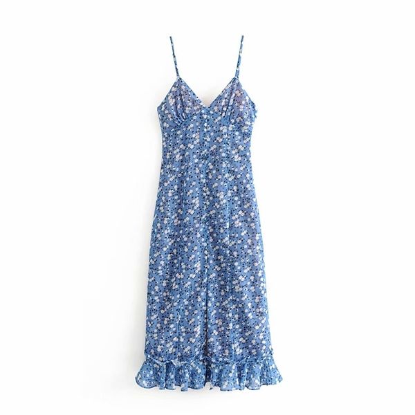 Schickes stilvolles weißes Blumendruck-Rüschen-blaues Träger-langes Kleid-Mode-Mädchen-schlankes seitliches Reißverschluss-Knopf-reizvolles V-Ausschnitt-Kleid 210520