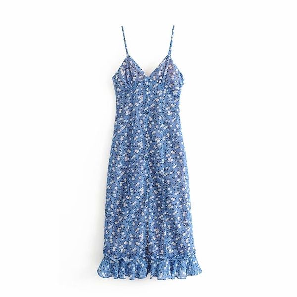 

chic stylish white floral print ruffles blue strap long dress fashion girls slim side zipper button v-neck dresses 210520, Black;gray
