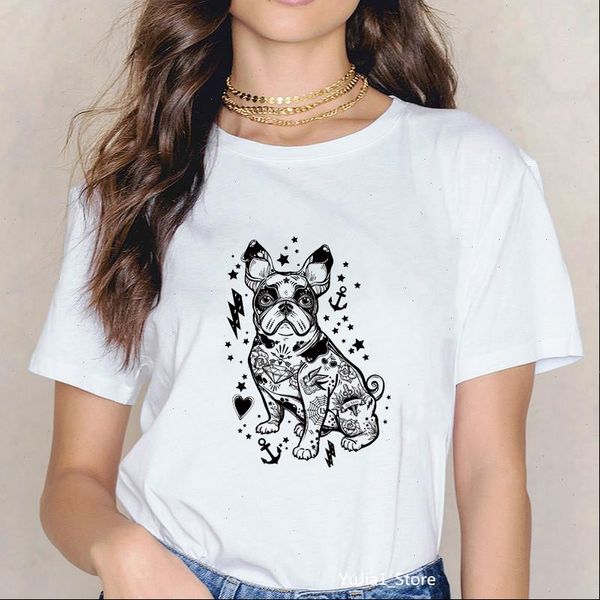 

tattoo french women t shirts bulldog animal print shirt funny vintage dog mom tee, White