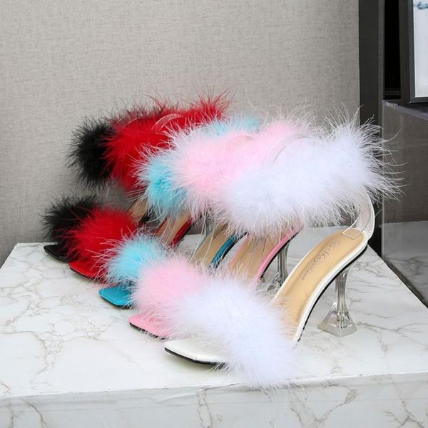 

womens peep toe fur furry clear transparent crystal red wine high heel sandals shoes plus size candy 6colors 2021, Black