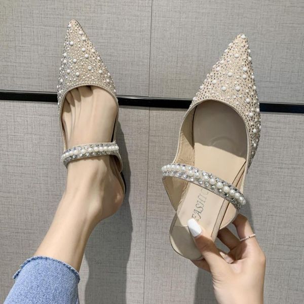 

slippers crystal flat shoes 2021 summer silver bride wedding ladies pants mary simple outside, Black