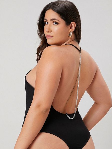 

plus rhinestone chain detail backless bodysuit y3jt#, Black