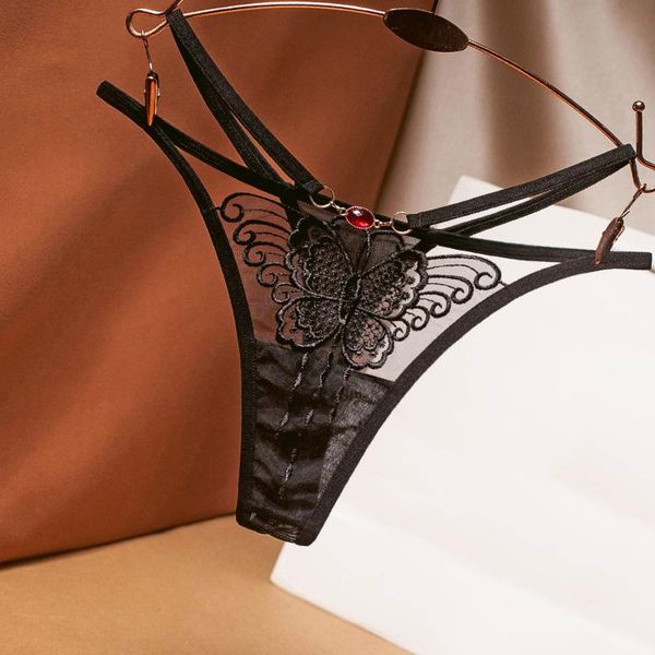 

women's panties lace butterfly thong ladies embroidered mesh yarn perspective young women girls underwear t pants g-string thongs, Black;pink
