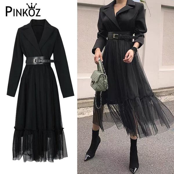 

pinkoz autumn women midi blazer dress runway black patchwork mesh noeched collar elegant long sleeve slim belt navid casual dresses, Black;gray
