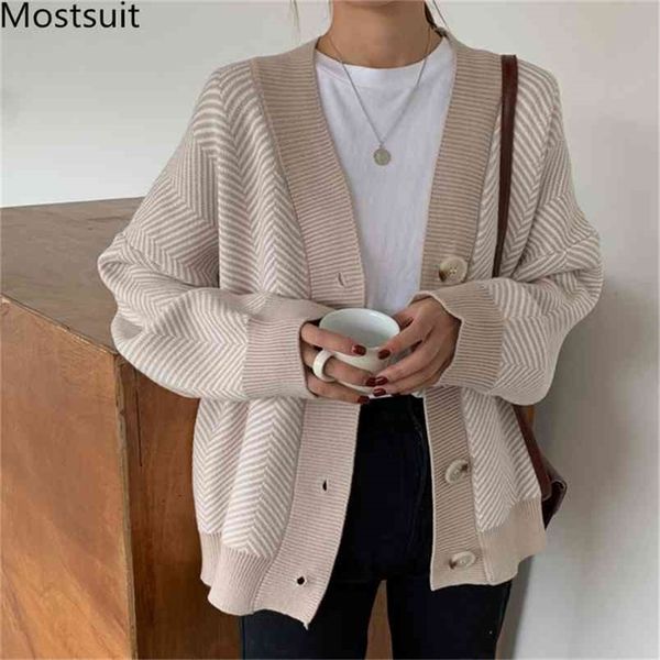 

knitted striped cardigans sweaters women long sleeve v-neck single breasted vintage casual korean 210513, White