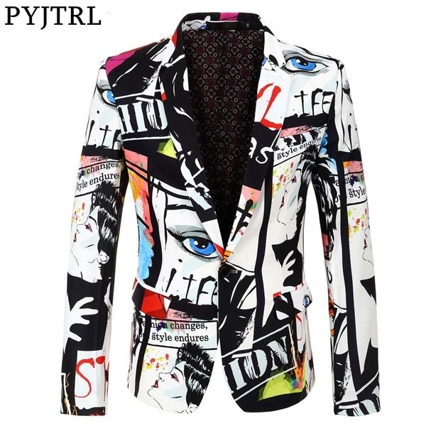 PYJTRL Brand New Tide Mens Fashion Print Blazer Design Plus Size Hip Hot Casual Maschio Slim Fit Giacca Cantante Costume X0628