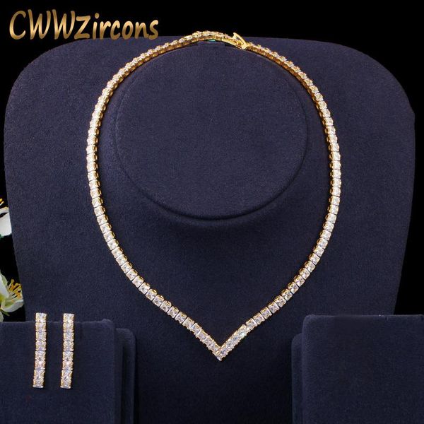 

earrings & necklace very shiny cubic zirconia pave yellow gold color women party choker and earring brides jewelry set t421, Silver