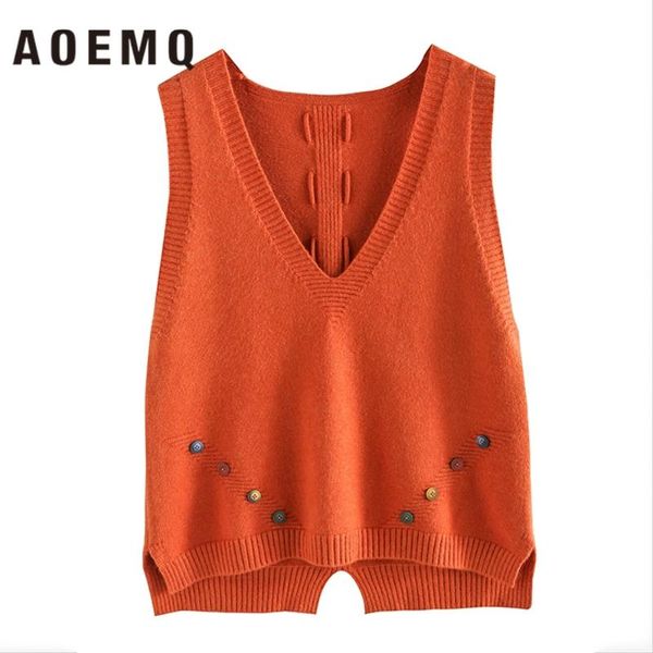 

women's vests aoemq vest sweater 9 colors v-neck sleeveless with rainbow button decoration pullovers loose women clothing, Black;white