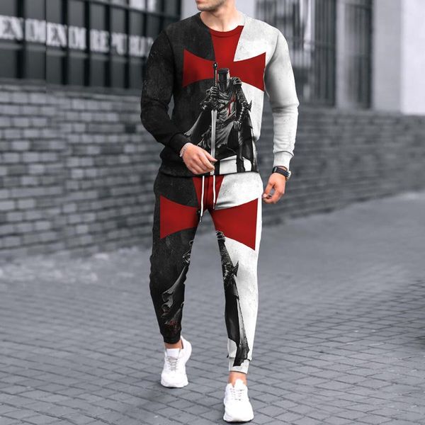 

jogging clothing autumn and winter men's plus size sports 3d printing shirt long-sleeved t-shirt + trousers two-piece fashion casual su, Black;red
