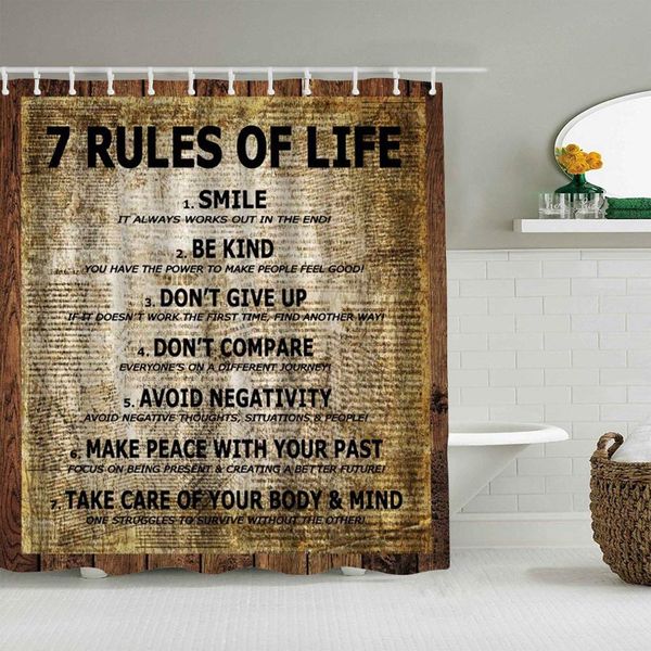 

shower curtain quotes 7 rules of life funny quotes on vintage woden board with old newspaper print waterproof bath liners hooks