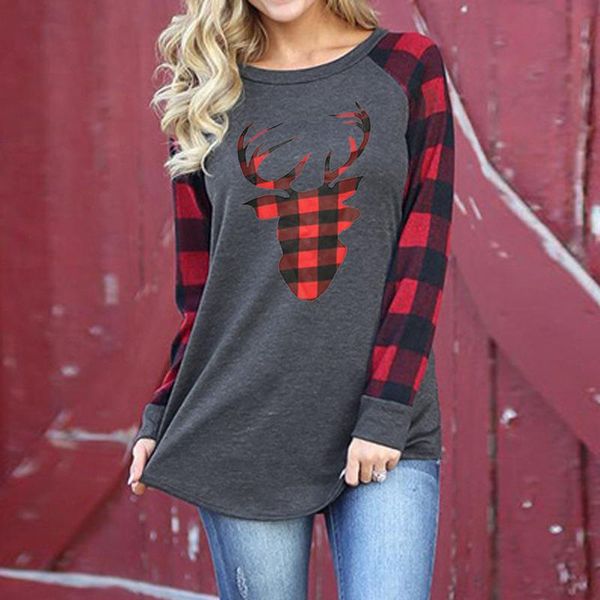 

christmas elk printing t-shirt fashion women plaid stitching long sleeve holiday graphic tees shirts funny harajuku t shirt women's, White