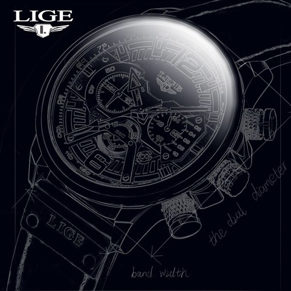 

lige mens watches luxury brand waterproof sport wrist watch chronograph quartz military genuine leather relogio masculino 210527, Slivery;brown