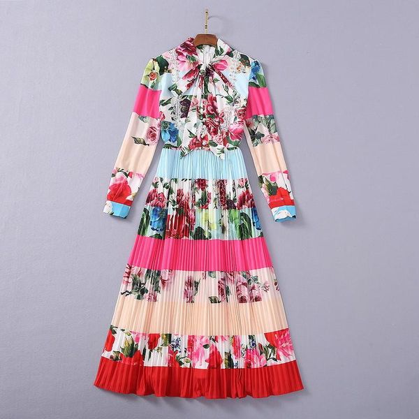 

casual dresses elegant floral print beading lace patchwork dress runway spring clothes pleated robe femme party festa, Black;gray