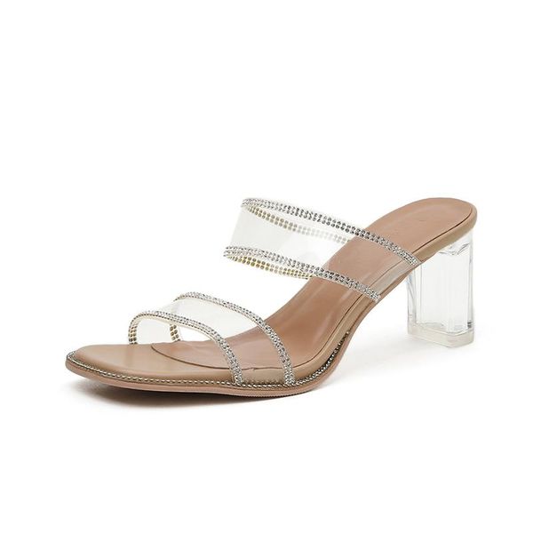 

dress shoes fashion women sandals rhinestone crystal high heels transparent peep toe half slippers casual clear slides summer, Black