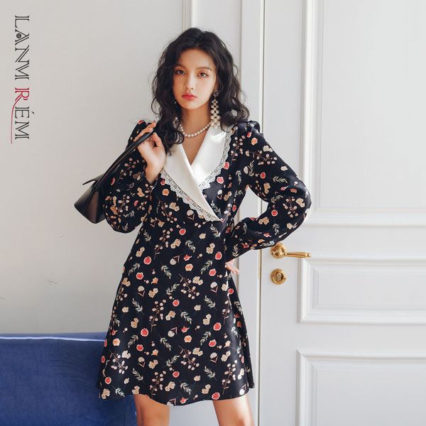 

lace neck black floral dress women's spring and summer mid length bubble sleeve high waist dresses party 2d1453 210507, Black;gray