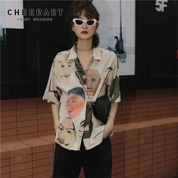 

japanese streetwear ukiyoe print summer blouse women collared button up shirt short sleeve and clothing 210427, White