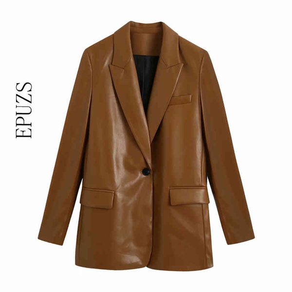 

khaki faux leather blazers women single button office coat vintage long sleeve pockets suit jacket causal women balzers 210430, Black