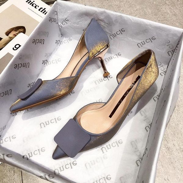 

dress shoes bjyl 2021 spring woman stiletto high heels 6.5cm pointed square buckle satin korean style temperament ladies t, Black