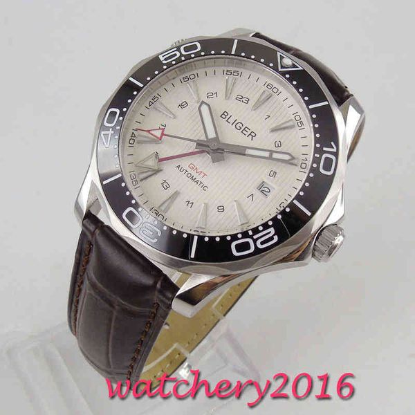 

bright white marker plate 41mm sapphire glass gmt date automatic movement gentlemen watch, Slivery;brown