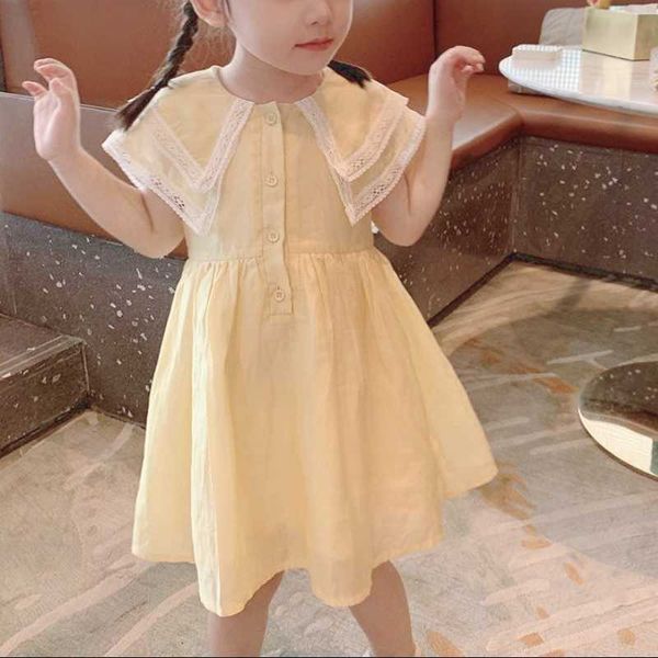 Sarı Sevimli Kawaii Partisi Çocuk Elbiseler Dantel Kore Rahat Bebek Kız Giysileri Kısa Kollu Plaj Prenses Çocuk Elbise Yaz 2021 Q0716