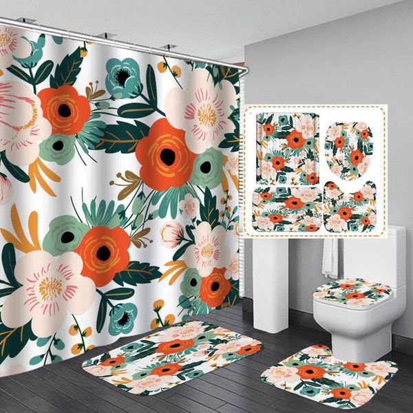 

nordic ins wind flowers leaves print shower curtain toilet mat floor 4 piece set thick polyester bathroom curtains