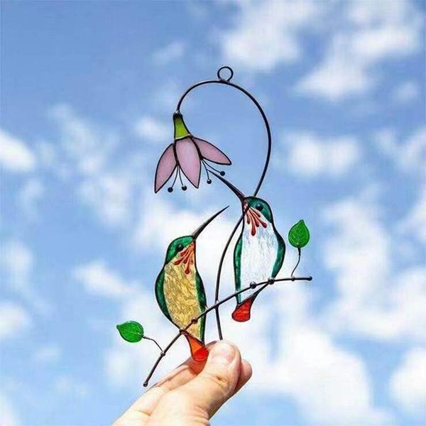 

stained glass hummingbird window hangings decor metal small bird decoration with hook flat animal figure ornament memoria garden decorations