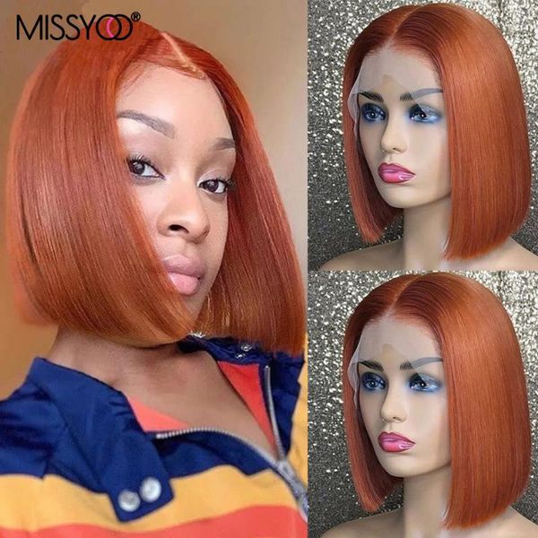 

straight short human hair brazilian wigs 180% density orange bob 13x1 t part lace wig for black women 18inches, Black;brown