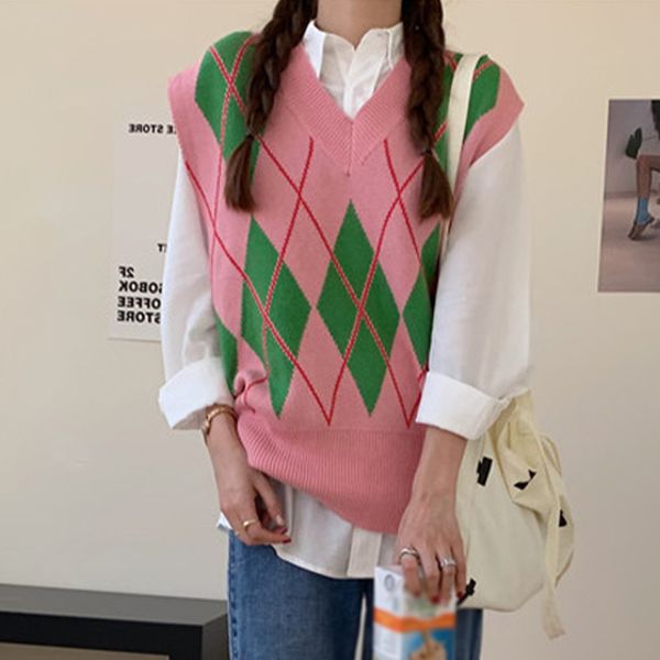 

argyle v neck knitted patchwork color women vest sleeveless loose female pullover vests autumn ladies sweet sweaters 210518, Black;white