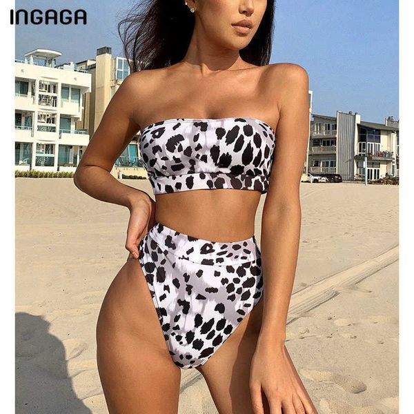 

swimsuit ingaga leopard bikini bandeau women's swimwear high waist swimsuits biquini push up bathing suits summer beachwear, White;black