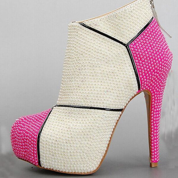 

boots 2021 ivory high heel wedding lady formal dress shoes elegant pearl for bride winter party prom, Black