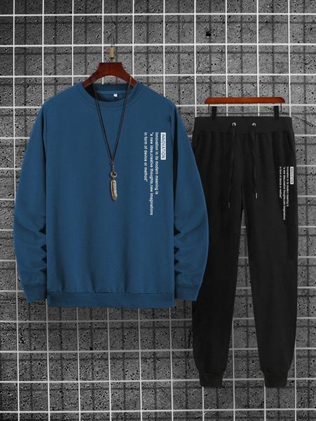 

men slogan graphic sweatshirt & drawstring waist sweatpants s5gs#, Gray