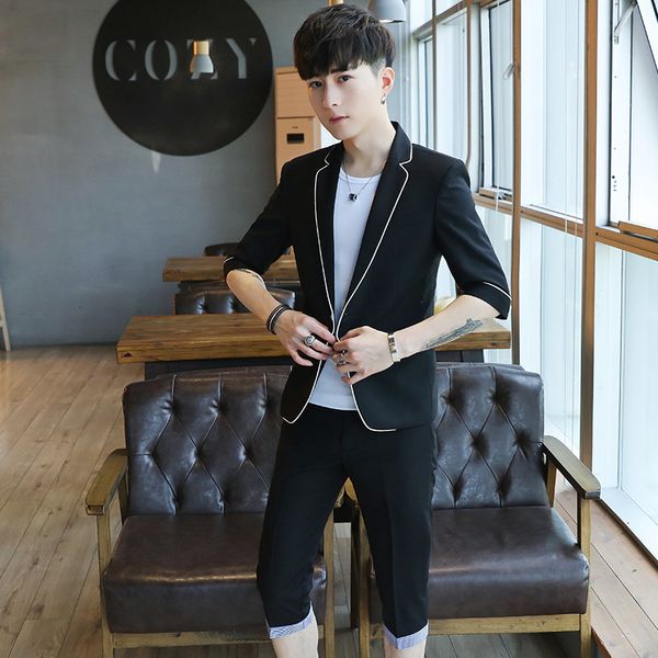 

men's suits & blazers solid color thin section seven-point sleeve suit set korean version costume homme slim 6ubp, White;black