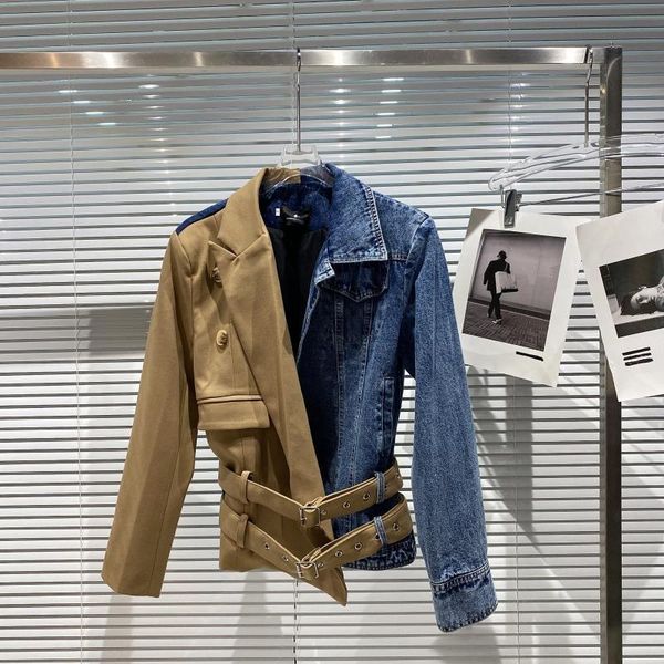 

women's jackets denim splicing women jacket 2021 autumn double belt design short coat with shoulder pad top, Black;brown
