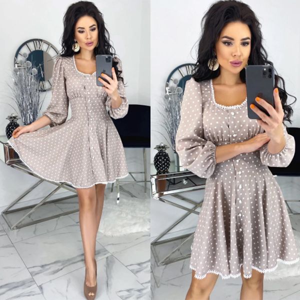 

dresses summer vintage square neck button a-line woman polka dot printed mini dress white lotus leaf lace fashion lady style, Black;gray