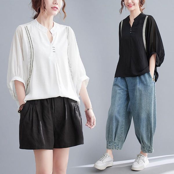 

women's blouses & shirts fat size summer loose mm foreign pure color v-neck slim casual bat sleeve shirt t-shirt, White