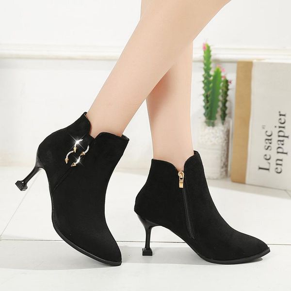 

boots winter plush slim short pointed women's bare cat heel, Black