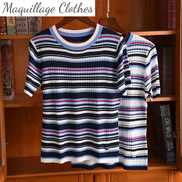 

women's t-shirt chic stripe knit 2021 spring summer fashion women tee b863, White