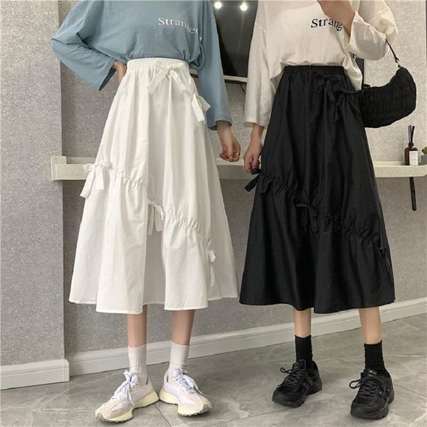 

skirts white black women vintage high waist a-line skirt summer waistband tulle bandage long jupe kawaii female bowknot midi longo-saia
