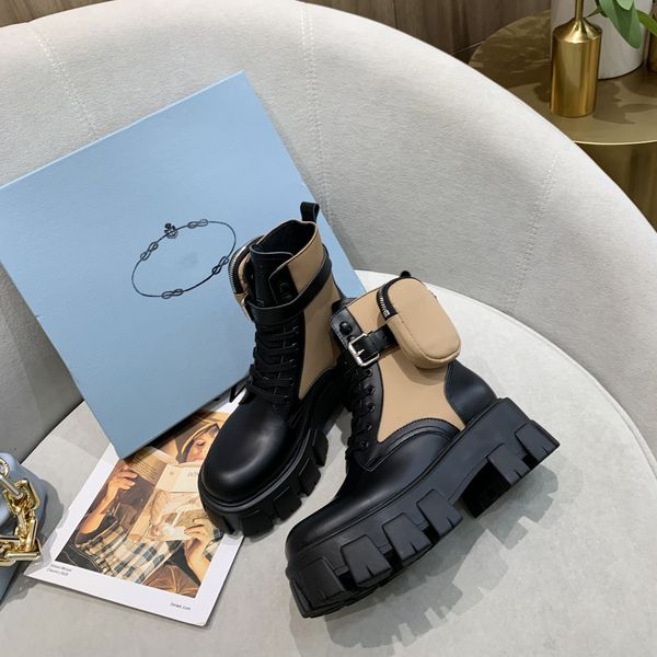 

autumn winter designer new men women pocket boots mid heel platform fashion martin boot luxury leather lace-up motorcycle booties personalit, Black
