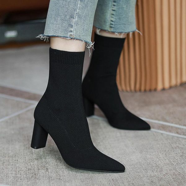 

boots women's stretch knit slip-on thick high heel autumn ankle black slim comfortable short booties quality dress shoes